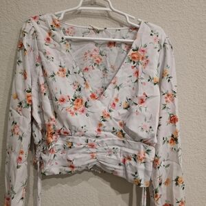 meraki White Floral Wrap Crop Top with Pink & Orange Roses